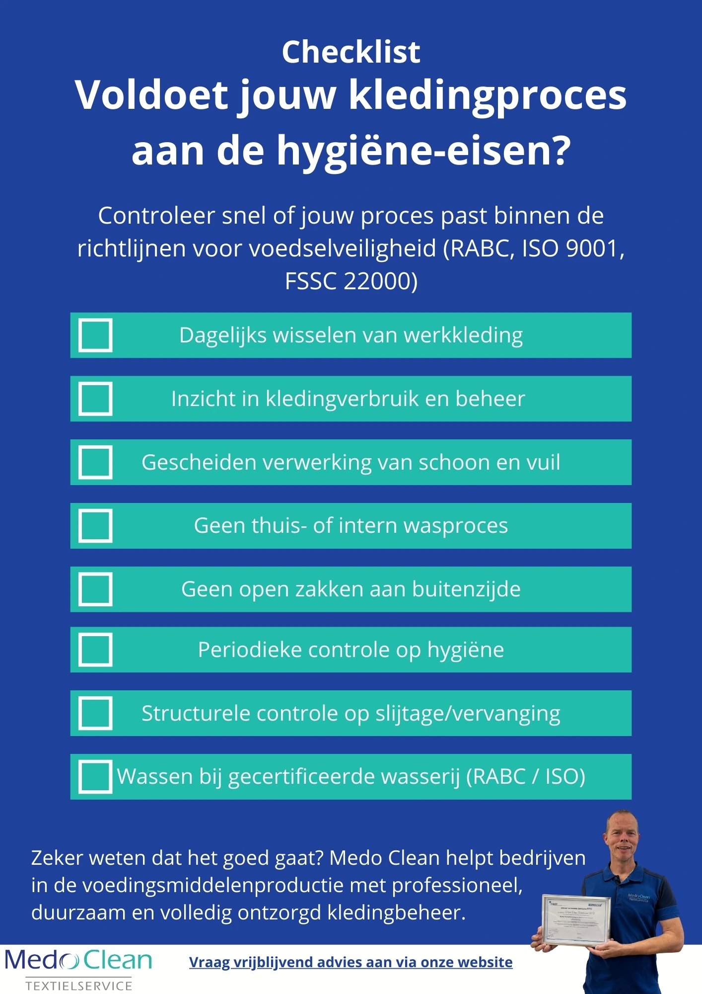 Overzicht van hygiëne-eisen voor kledingprocessen in de voedingsmiddelenproductie, met checklistpunten zoals dagelijks wisselen, scheiden van schoon en vuil en wassen bij een gecertificeerde wasserij.